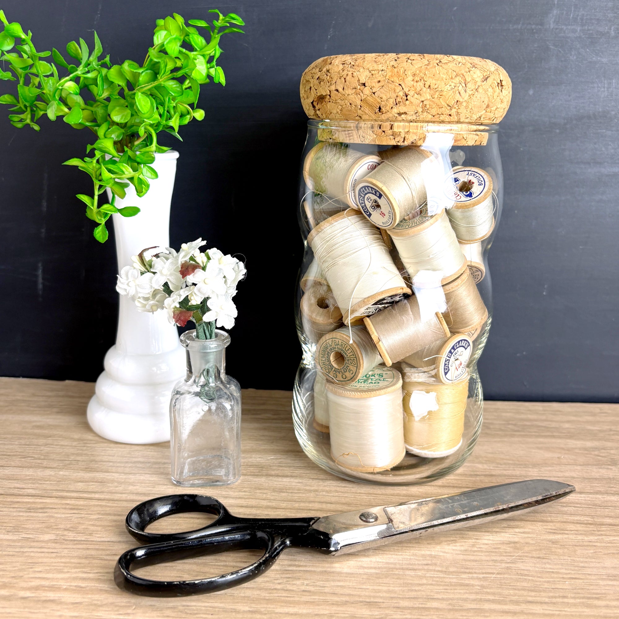 Vintage Wooden Thread Spools in Bubble Glass Jar with Cork Lid - Neutr ...