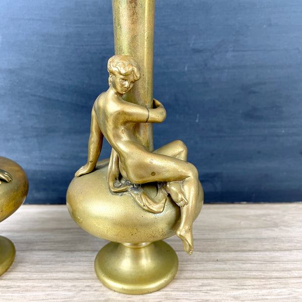 Weighted brass vases with nudes - a pair - antique decor - NextStage Vintage