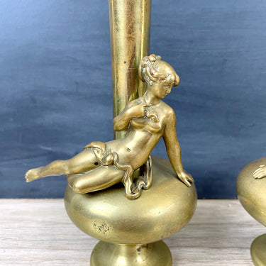 Weighted brass vases with nudes - a pair - antique decor - NextStage Vintage