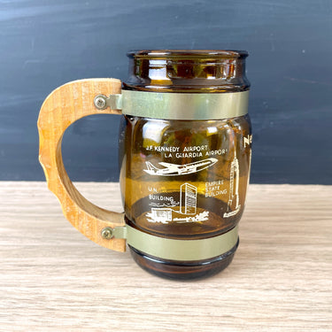 New York City printed amber glass souvenir mug with wooden handle - 1970s vintage - NextStage Vintage