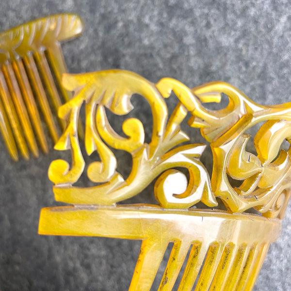 Ornate amber celluloid hair combs - set of 2 - 1900s vintage ...