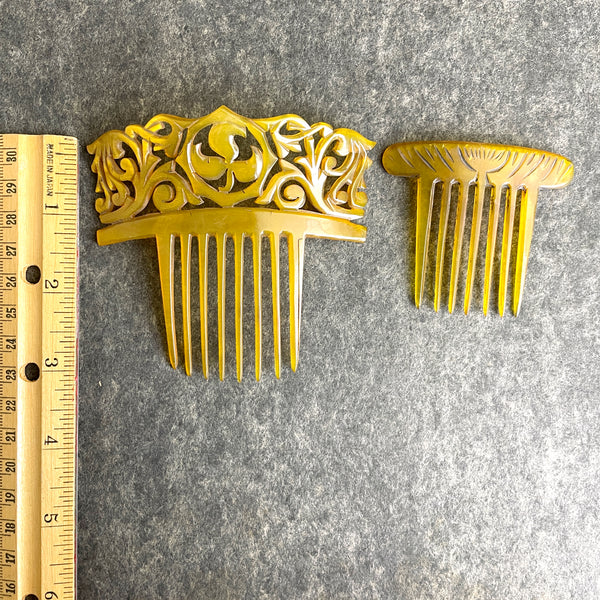 Ornate amber celluloid hair combs - set of 2 - 1900s vintage - NextStage Vintage