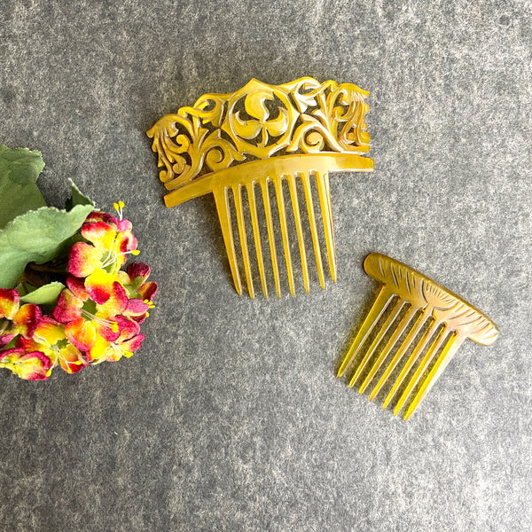 Ornate amber celluloid hair combs - set of 2 - 1900s vintage - NextStage Vintage