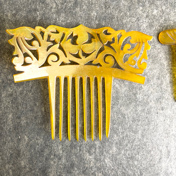 Ornate amber celluloid hair combs - set of 2 - 1900s vintage - NextStage Vintage