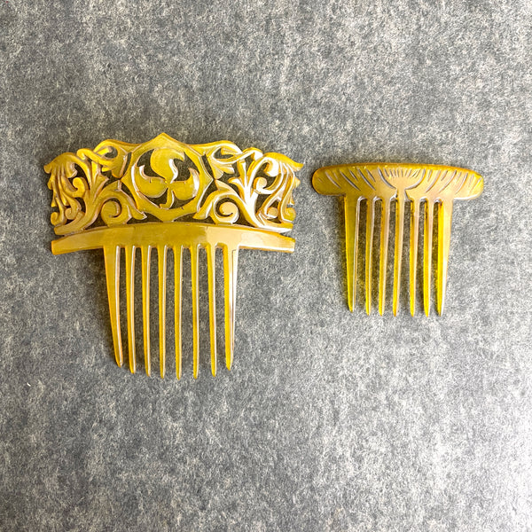 Ornate amber celluloid hair combs - set of 2 - 1900s vintage - NextStage Vintage