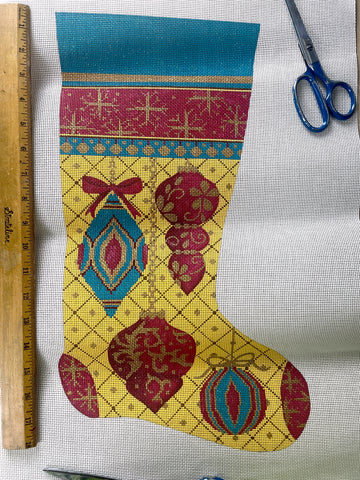 Red, Gold and Blue Ornaments Christmas stocking needlepoint canvas - NextStage Vintage