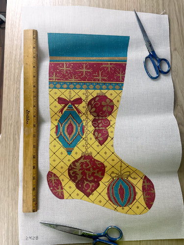 Red, Gold and Blue Ornaments Christmas stocking needlepoint canvas - NextStage Vintage