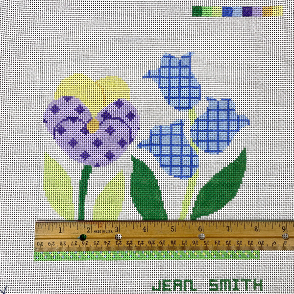 Jean Smith pansy and bluebells needlepoint canvas 8"x 8" - NextStage Vintage