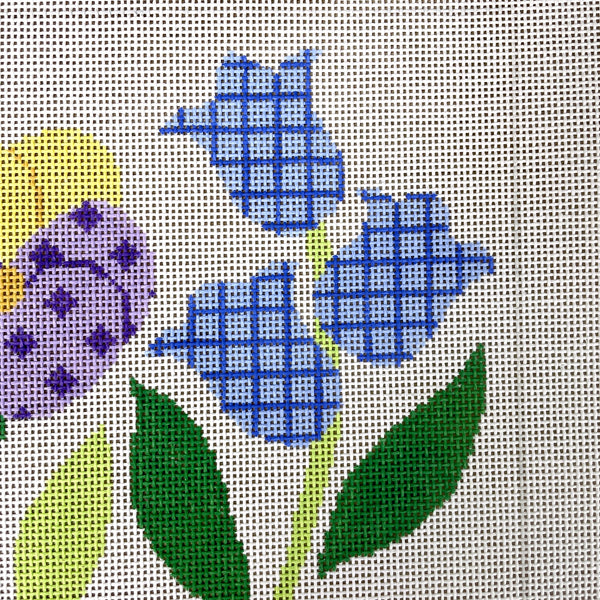 Jean Smith pansy and bluebells needlepoint canvas 8"x 8" - NextStage Vintage