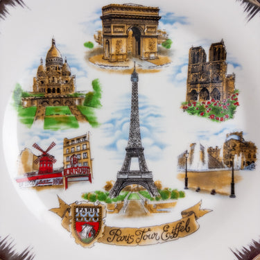 Vintage 1980s Souvenir Plate  - Paris Tour Eiffel - Lovre, Notre-Dame, Arc de Triomphe, Sacre Coeur, Moulin Rouge