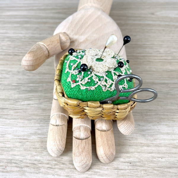 Pincushion in a basket - vintage handmade sewing notion - NextStage Vintage