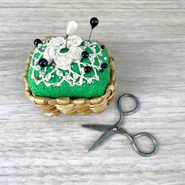 Pincushion in a basket - vintage handmade sewing notion - NextStage Vintage