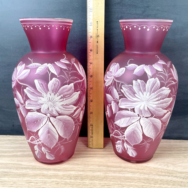 Pink frosted vases with white painted flowers - a pair - antique glass - NextStage Vintage
