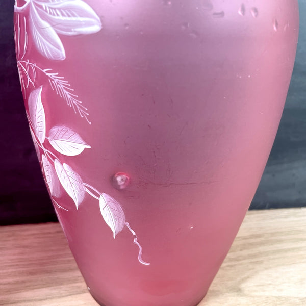 Pink frosted vases with white painted flowers - a pair - antique glass - NextStage Vintage