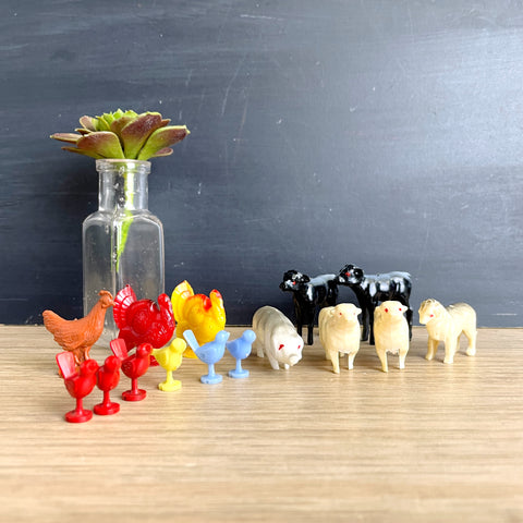 Hard plastic barnyard animals for railroad, dollhouse, cake decor - 15 pieces - 1960s vintage