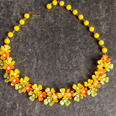 Fall Floral Necklace and Bracelet Set - Orange Yellow Green Retro Plastic Jewelry - 1960s vintage
