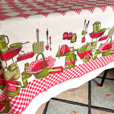 Vintage 1950s-1960s Carnation Plastics picnic tablecloth - red & white checkered – retro food border – 54" x 72" - NextStage Vintage