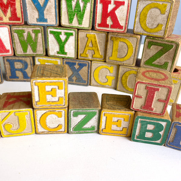 55 wooden alphabet blocks in two sizes - 1960s vintage