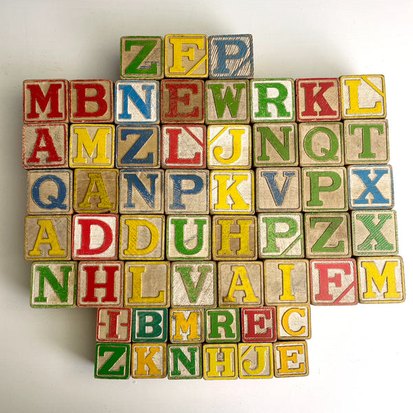 55 wooden alphabet blocks in two sizes - 1960s vintage