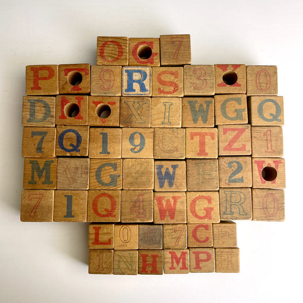 55 wooden alphabet blocks in two sizes - 1960s vintage
