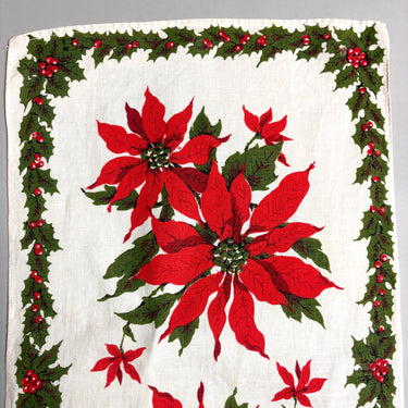 Christmas poinsettia and holly tea towel - 1960s vintage - NextStage Vintage