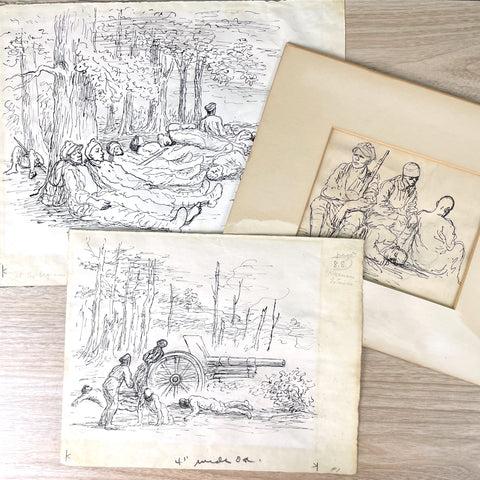 WWII Polish soldiers pen and ink illustrations - Eagle Owls - set of 3 - NextStage Vintage