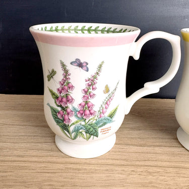 Pair of Portmeirion Botanic Garden Terrace Footed Mugs - Foxglove & Yellow Jasmine - NextStage Vintage
