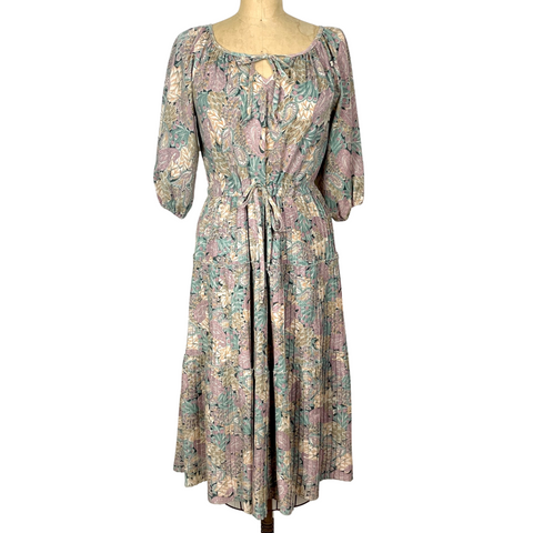 Vintage 1970s peasant dress size M – floral pullover midi with pleated skirt - NextStage Vintage