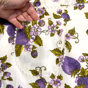 Vintage half apron – white with purple floral and berry print – rickrack trim - NextStage Vintage