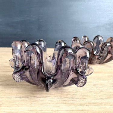 Vintage Czech Art Glass Petal Bowl Set - Smoky Amethyst - Bohemian Glass Trinket Dish Pair - NextStage Vintage