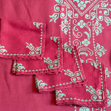 Vintage purple linen tablecloth and 8 napkins - hand cross stitched - 54 x72 - NextStage Vintage