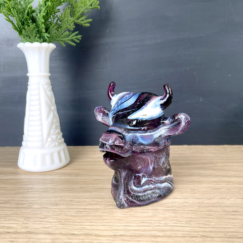 Purple slag glass bull cow head covered dish - vintage decor