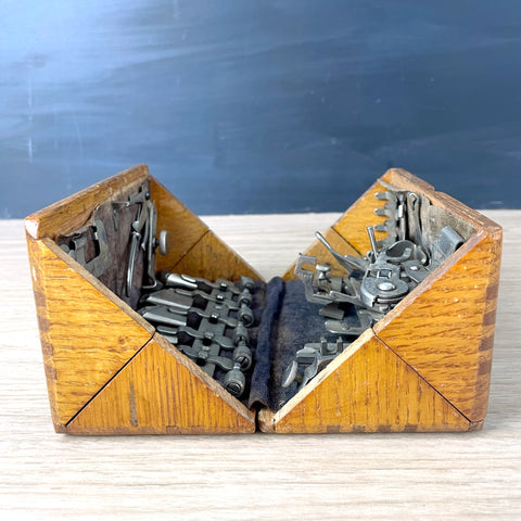 Singer antique 1889 wooden puzzle box with attachments, brown felt - NextStage Vintage