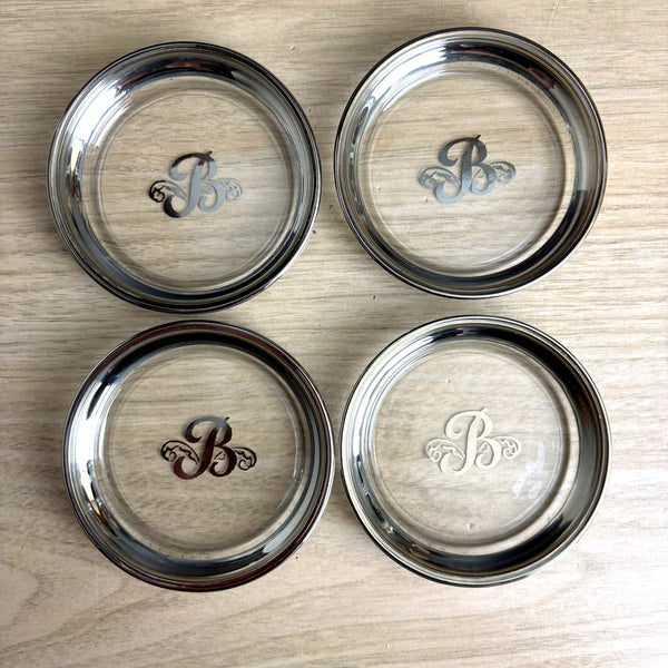 B monogrammed set of 8 vintage Queen's Lusterware glass coasters with silver rim
