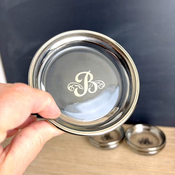 B monogrammed set of 8 vintage Queen's Lusterware glass coasters with silver rim