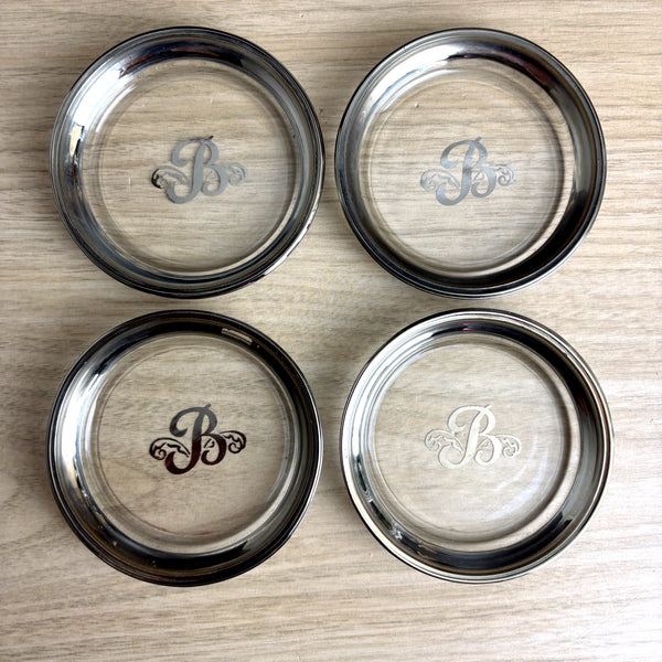 B monogrammed set of 8 vintage Queen's Lusterware glass coasters with silver rim
