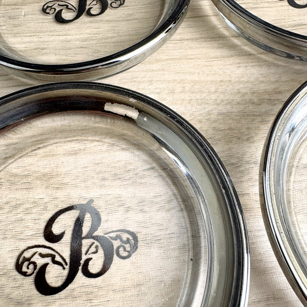 B monogrammed set of 8 vintage Queen's Lusterware glass coasters with silver rim