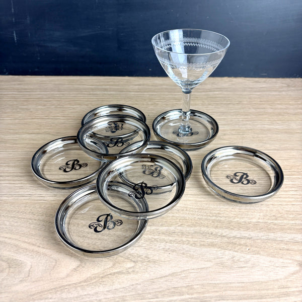 B monogrammed set of 8 vintage Queen's Lusterware glass coasters with silver rim