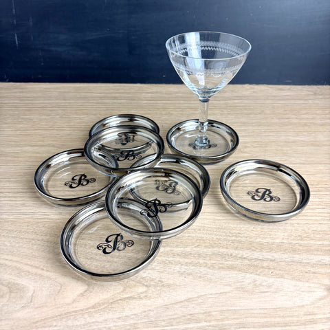 B monogrammed set of 8 vintage Queen's Lusterware glass coasters with silver rim