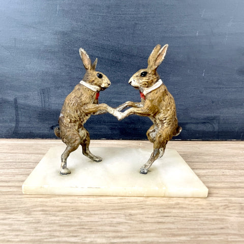 Austrian or Vienna cold painted bronze boxing rabbits - antique metal figurine - NextStage Vintage