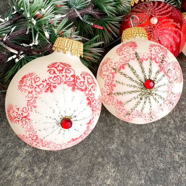 5 West Germany glass Christmas ornaments red & white glitter starburst - gems - vintage - NextStage Vintage