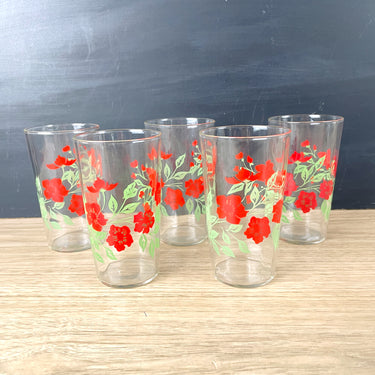 Red printed flower glassware - set of 5 - 1960s vintage glasses - NextStage Vintage