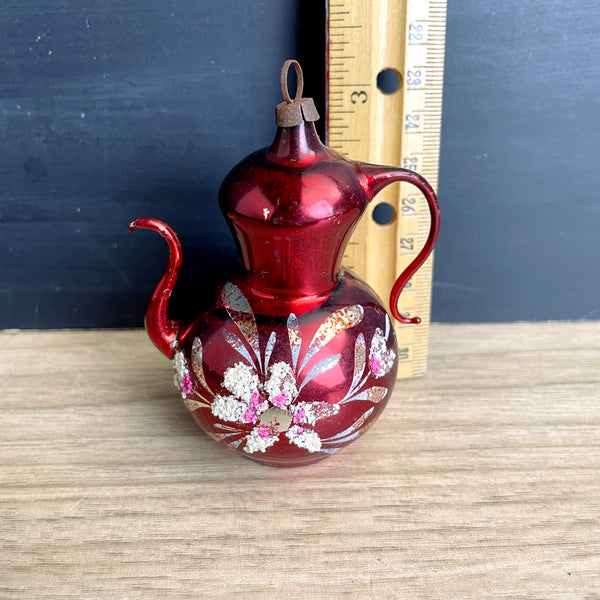 Shabby painted red glass Christmas coffee teapot ornament - mica- vintage Christmas - NextStage Vintage