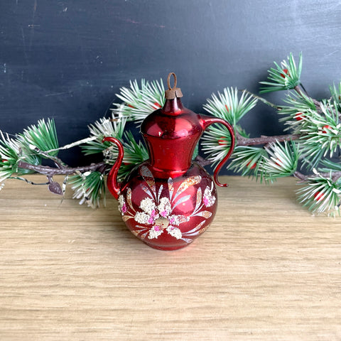 Shabby painted red glass Christmas coffee teapot ornament - mica- vintage Christmas - NextStage Vintage