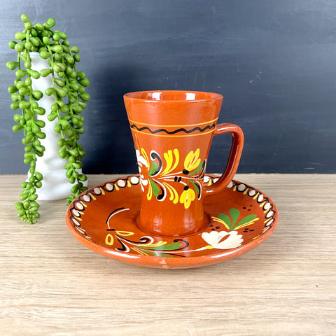 Hungarian redware cup and saucer - folk painted vintage set - NextStage Vintage