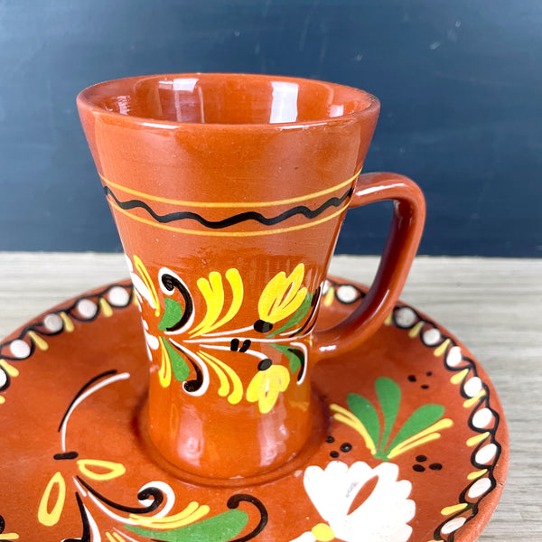 Hungarian redware cup and saucer - folk painted vintage set - NextStage Vintage