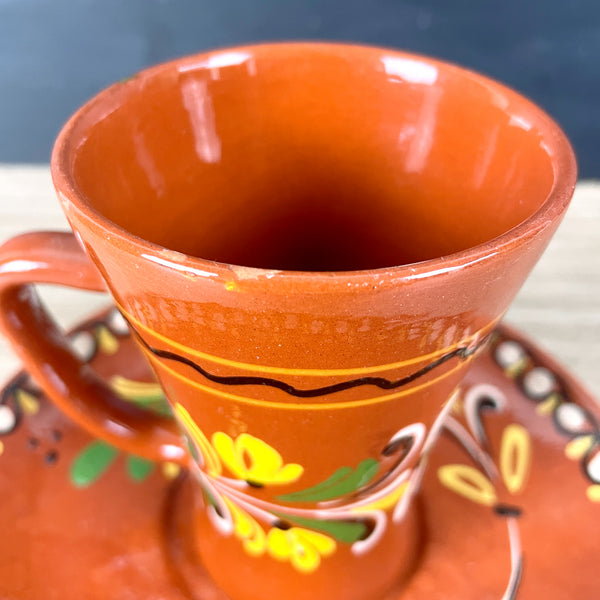 Hungarian redware cup and saucer - folk painted vintage set - NextStage Vintage