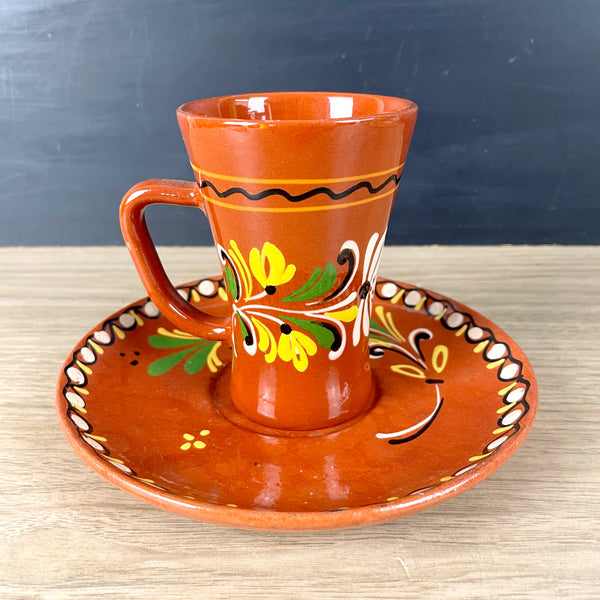 Hungarian redware cup and saucer - folk painted vintage set - NextStage Vintage