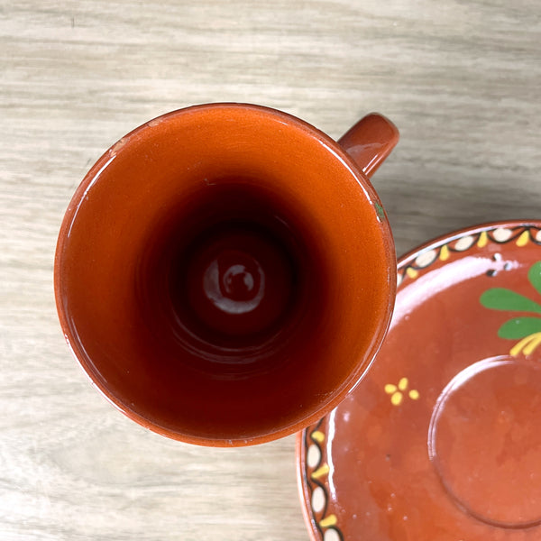 Hungarian redware cup and saucer - folk painted vintage set - NextStage Vintage