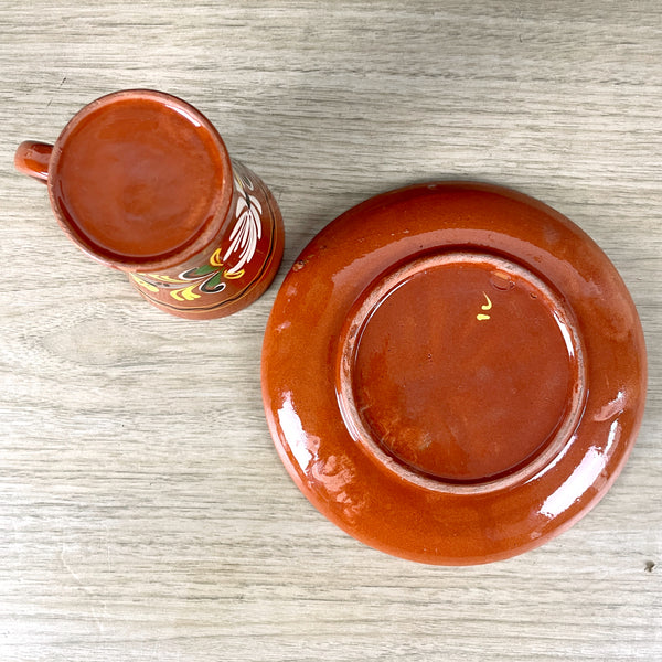 Hungarian redware cup and saucer - folk painted vintage set - NextStage Vintage